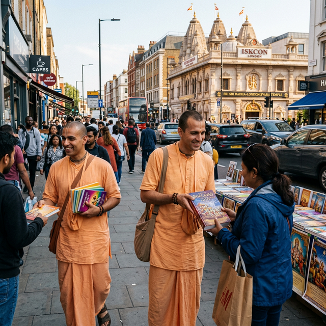 Devotees distributing spiritual books on the street