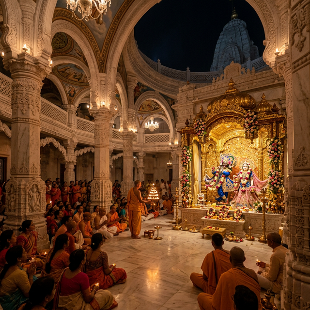 Majestic temple interior with golden Radha Krishna deity altar