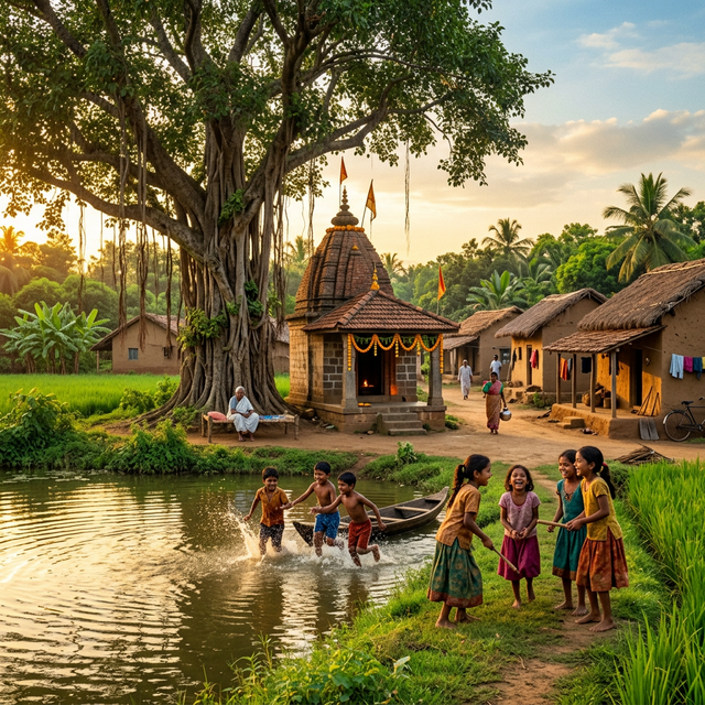 A peaceful Indian village with temple and children